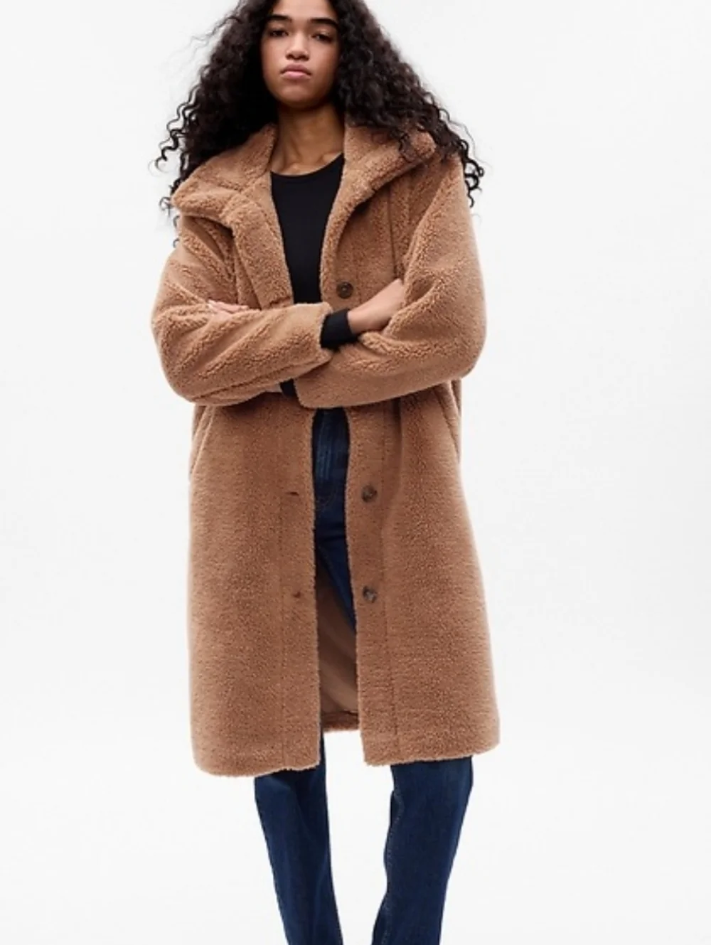GAP Tan Long Sherpa Button-Front Cozy Preppy Coat, Size X-Large - Picture 1 of 7